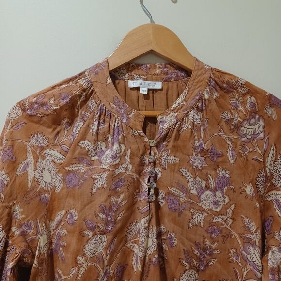 Marea By Liz Joy Brown Floral Cotton Long Sleeve Mini Dress Size XS/S Boho Fall - Picture 2 of 8